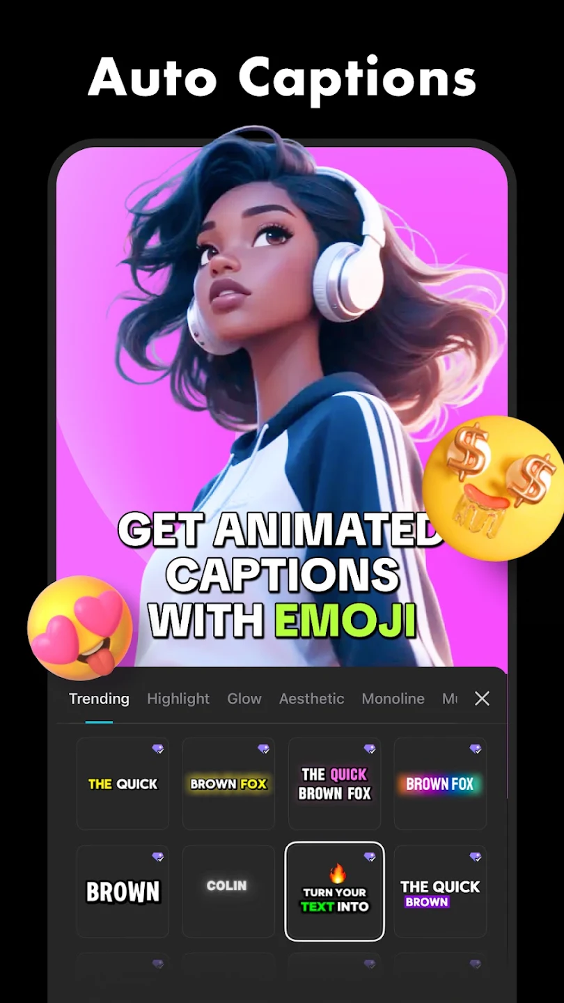 CapCut auto captions editor showing animated text